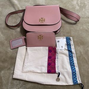 TORY BURCH BRITTEN SADDLE BAG AND BRITTEN ZIP CONTINENTAL WALLET SET   PINK MOON